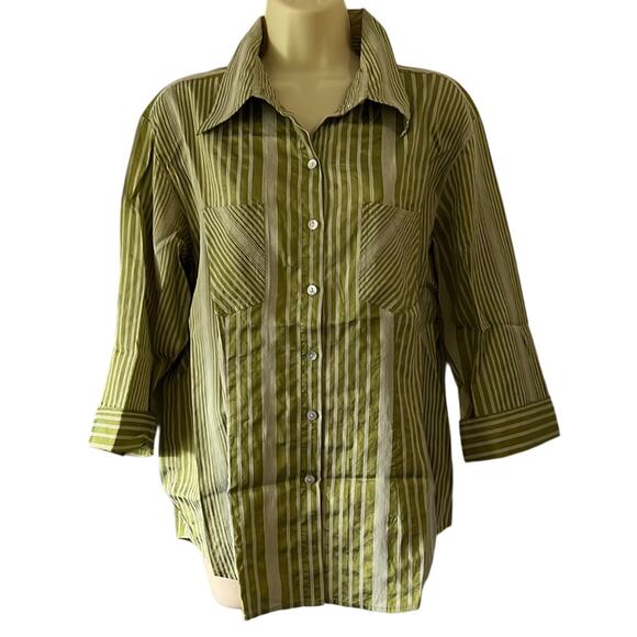 Chico’s 2= misses 12 Green & White Striped Blouse Button Up 3/4 Sleeves - Picture 1 of 10